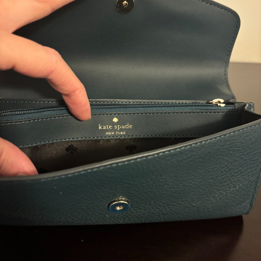 Kate Spade Marti Dark Blue Green Pebbled Leather Large Slim Flap Wallet - Picture 10 of 10